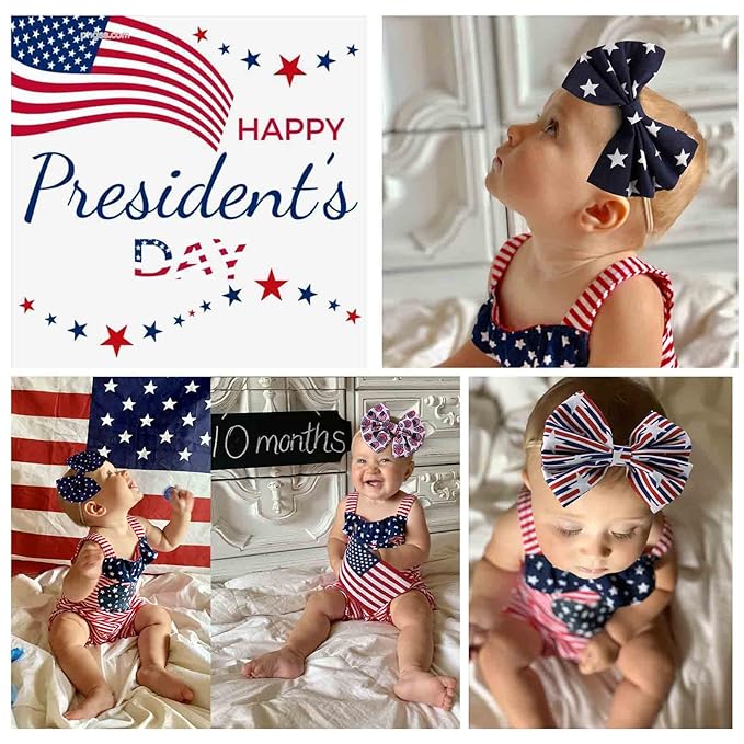 4th of July America Flag Baby Headbands Cheer Bow, Baby Girls Red White Blue Star Spangled Patriotic Hair Bow for Newborns Toddlers Small Children,3 Pcs (America Flag-C)