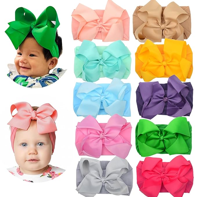 6" Baby Headband Bows, Soft Nylon Hairbands Cute Big Bow Super Elastic Headband for Baby Girls Newborn Infant Toddlers (Green 10Colors)