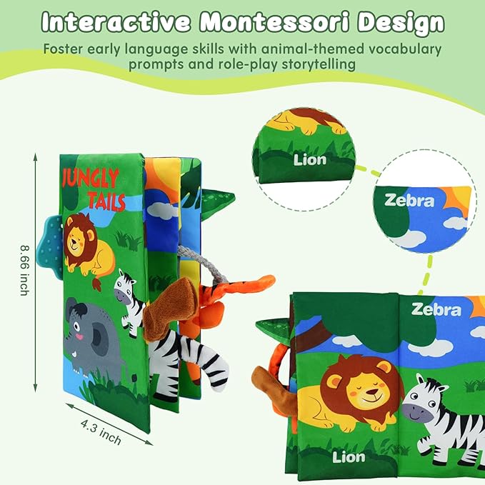 Baby Books Toys 0-12 Months with Teether,Tummy Time Crinkle Sensory Toys,High Contrast Touch & Feel Soft Book, Early Learning Infant Toys,Shower Gift for Boys Girls (Jungle Animal)