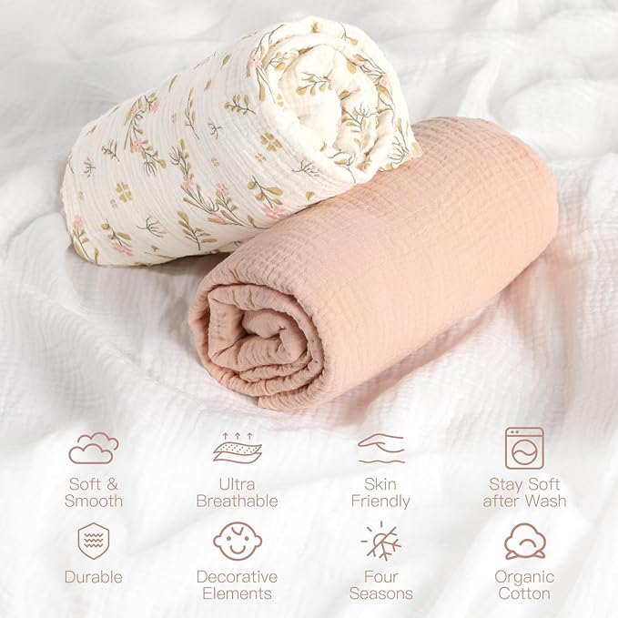 100% Organic Cotton Baby Crib Sheets Muslin 52x28 Inches 2 Pack Soft Fitted Crib Mattress Sheet for Baby Girls, Boho Toddler Bed Sheets Fits Well Standard Size Crib Mattress 28x52 Inches Floral & Pink