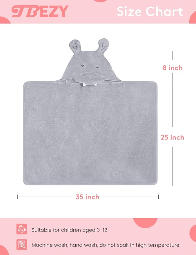 Baby Hooded Towel with Unique Animal Design Ultra Soft Thick Cotton Bath Towel for Newborn (Hippo)