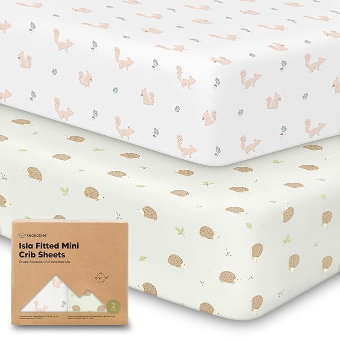 Pack and Play Sheets Fitted - 2-Pack Mini Crib Sheets for Pack N Play Mattress 38x26, Soft & Cozy, Neutral Toddler Playard Bedding, Snug Fitted Mini Baby Crib Mattress Cover Boy, Girl (Nibbles/Bruce)