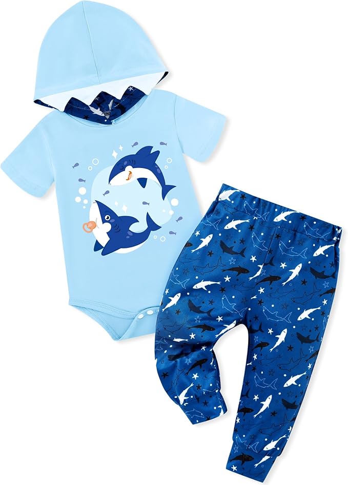 Newborn Boy Summer Outfits Animal Print Short Sleeve Romper with Hoodie & Pants Infant Clothing Set