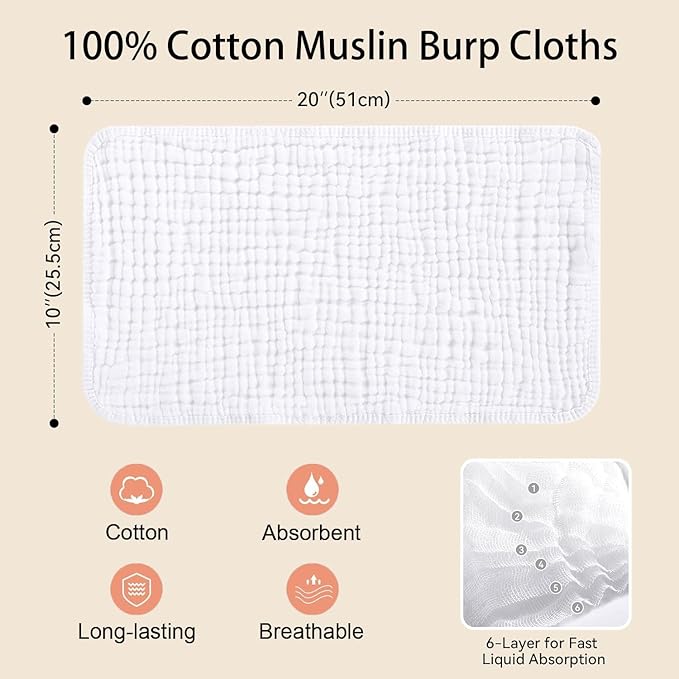 8 Pack Muslin Burp Cloths for Baby, 100% Organic Cotton Baby Washcloths for Boys Girls Large 20''X10'' Super Soft and Absorbent (White-8 Pack)
