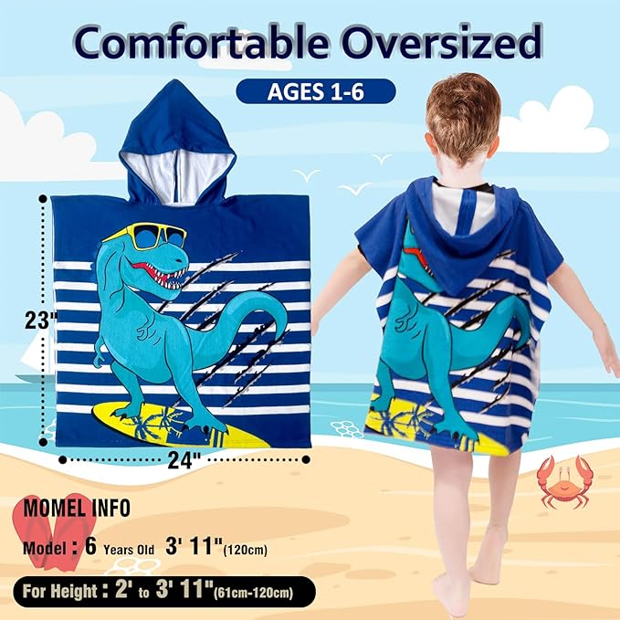Hooded Kids Beach Towels - Toddler Bath Towel Girls Boys Swim Cover-ups for Ages 1 to 6 Kids Pool Towels Quick Dry Lightweight Soft Microfiber Poncho Towel 24x23 (Dinosaur Navy)