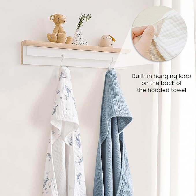 Konssy 2-Pack Muslin Hooded Baby Towels, 100% Cotton, Ultra-Soft & Absorbent Baby Bath Towels with Hood for Newborn & Infant (Blue, Blue Whale, 32" x 32")