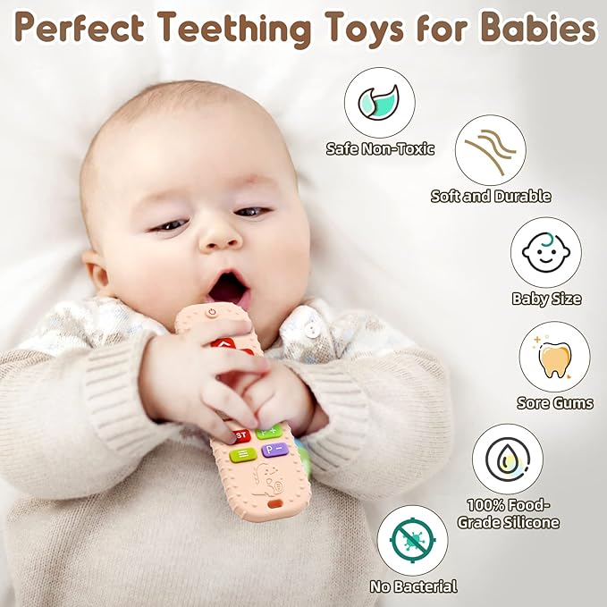 Teething Relief Teethers Toys for Babies 3-6 12 Months Gifts, Food Grade Silicone Sensory Remote Control Baby Teether Bath Toys for 3 9 18 Months Newborn Infant Boy Girl Autism, Pink