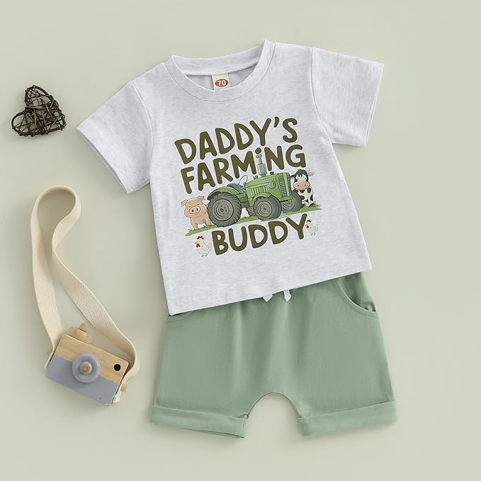 Toddler Baby Boy Clothes Summer Short Sleeve Trucks Tractors Print T-Shirt Tops Solid Color Shorts Set Casual Outfit