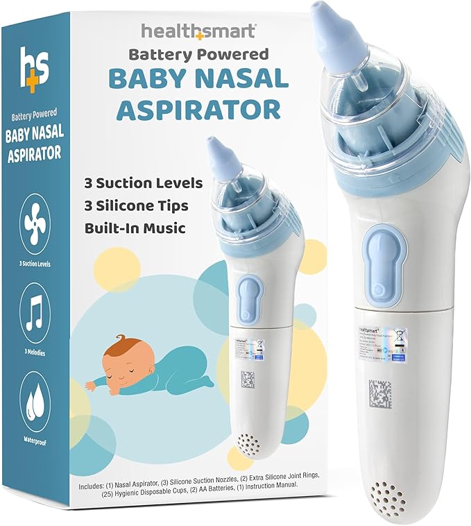 HealthSmart Nasal Aspirator for Baby – Perfect Gift for Moms & Baby Registry -3 Suction Levels, 3 Silicone Tips, Ergonomic Electric Nose Sucker with Built-in Nursery Rhymes