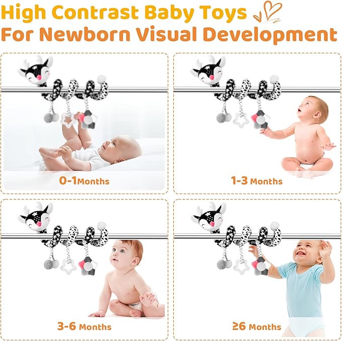 Car Seat Toys for Babies 0-6 Months Boy&Girl, Carseat Toys Hanging Black and White High Contrast Toy for Baby 0-3 Months, Spiral Activity Plush Toys Stroller Toys for 0 3 6 9 12 Months Baby Ideal Gift