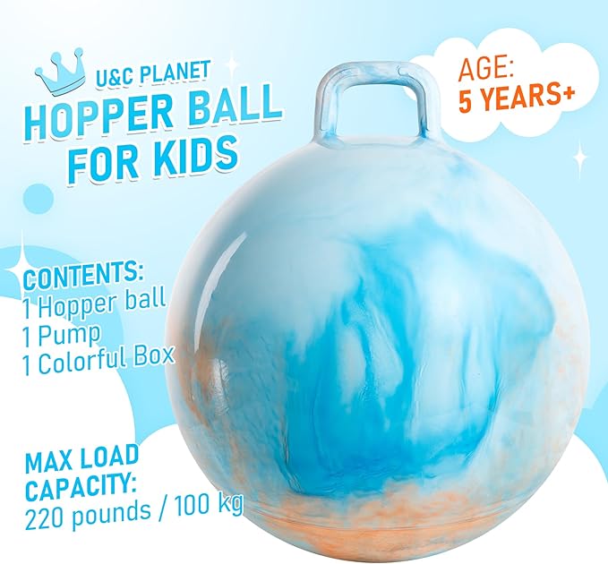 U&C Planet Hopper Ball 20 inches Bouncy Ball with Handle for Kids Age 5-9 Clouds Hoppity Hop Sit and Bounce Jumping Hopping with Pump and Gift Box Great Gift for Birthday Christmas
