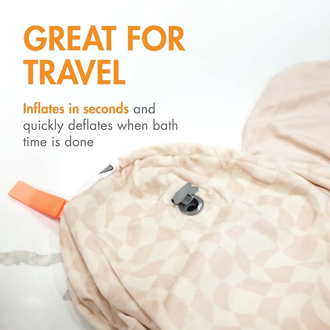 Boon Puff+ Inflatable Baby Bather - Portable Infant Bathtub Baby Bath Seat Includes Microfleece Cover, Swaddle Wings, and Storage Bag - Baby Tubs for Newborns - Portable Tub for Infants - Checker