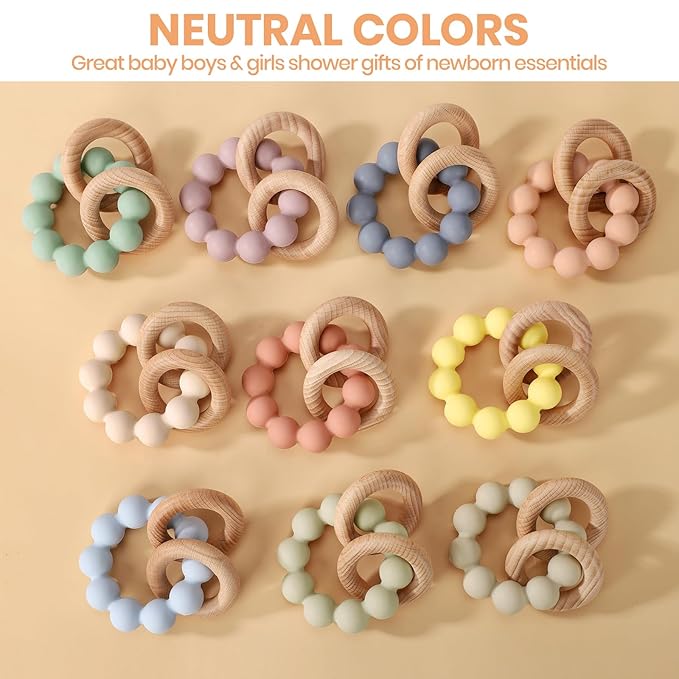 Socub Baby Teething Toys for 0-6 6-12 Months- BPA-Free Food-Grade Silicone & Natural Beech Wood Teether Ring for Newborn Infants Teething Relief- Easy-Grip Sensory Rattle Toys(Cambridge Blue)