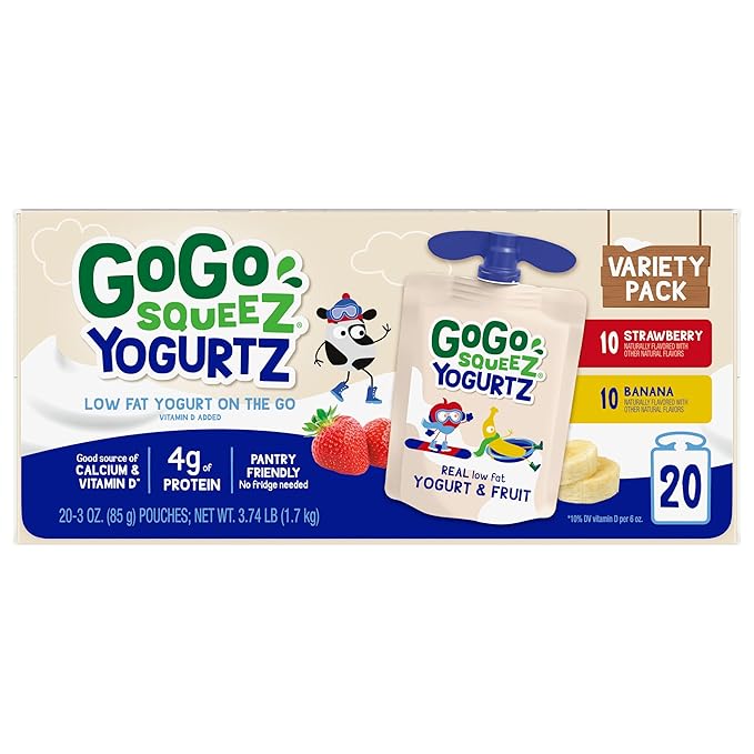 GoGo squeeZ yogurtZ Variety Pack,Strawberry & Banana,3 oz,Kids Snacks Made from Real Yogurt and Fruit,No Fridge Needed,Gluten Free,Nut Free,Recloseable Cap,BPA-Free Pouches,(Pack of 40)