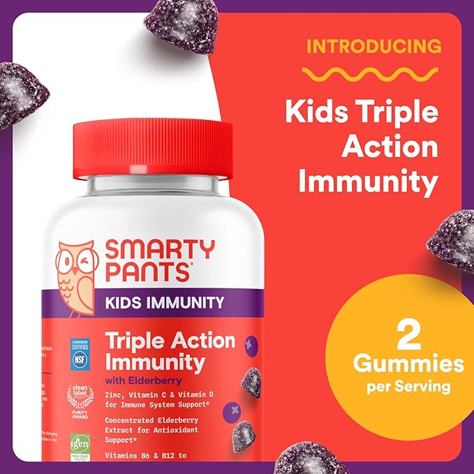 SmartyPants Kids Immunity Elderberry Gummies: Kids Immune Support Supplement, Vitamin C, Vitamin D, Vitamins B6 & B12 and Zinc, Gluten Free, Elderberry Flavor, 60 Count (30 Day Supply)