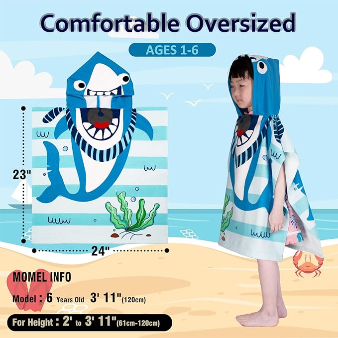 Hooded Kids Beach Towels - Toddler Bath Towel Girls Boys Swim Cover-ups for Ages 1 to 6 Kids Pool Towels Quick Dry Lightweight Soft Microfiber Poncho Towel 24x23(Shark SkyBlue)