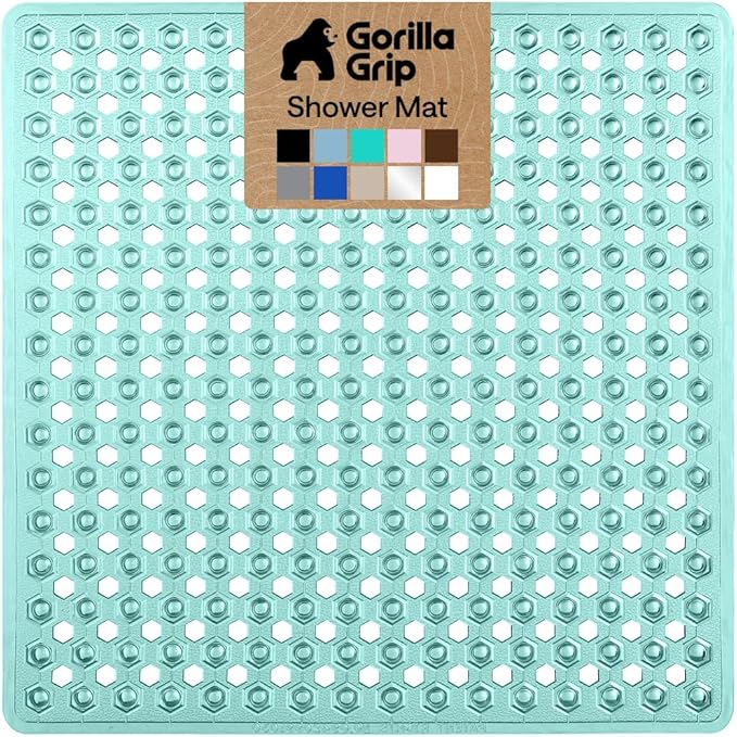 GORILLA GRIP Patented Square Shower Stall Mat, Small Bathtub Floor Mats for Stand Up Showers with Suction Cups and Drainage Holes, Machine Wash, Soft on Feet, Bathroom Accessories 21x21 Inch, Green