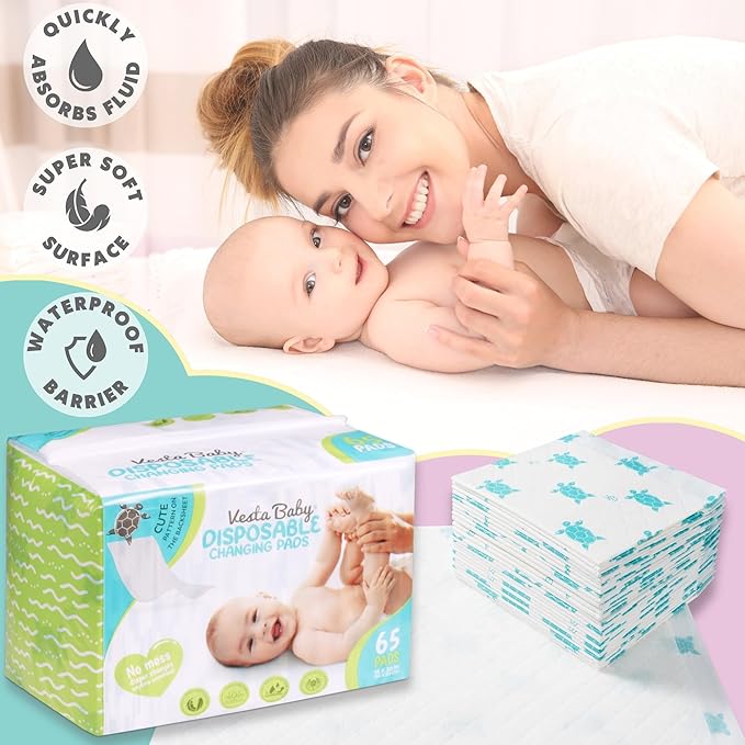 Vesta Baby 65 Disposable Changing Pads - Soft Absorbent Leak Proof Pee Mats - White Portable Diaper Change Underpads for Bed & Table Protection - 15" x 20" Waterproof Liners