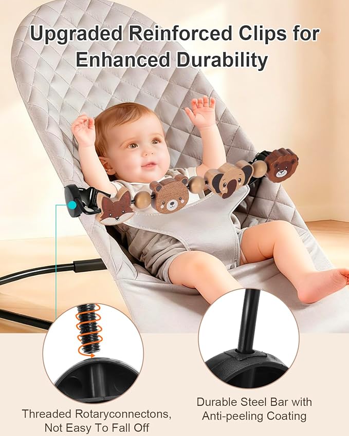 Baby Bouncer Toy Bar Compatible with Baby Bjorn Bouncer, Wooden Toys Attachment Easy to Attach and Remove Sensory Toys for Babies All Ages Christmas Toddler Gifts - Animals