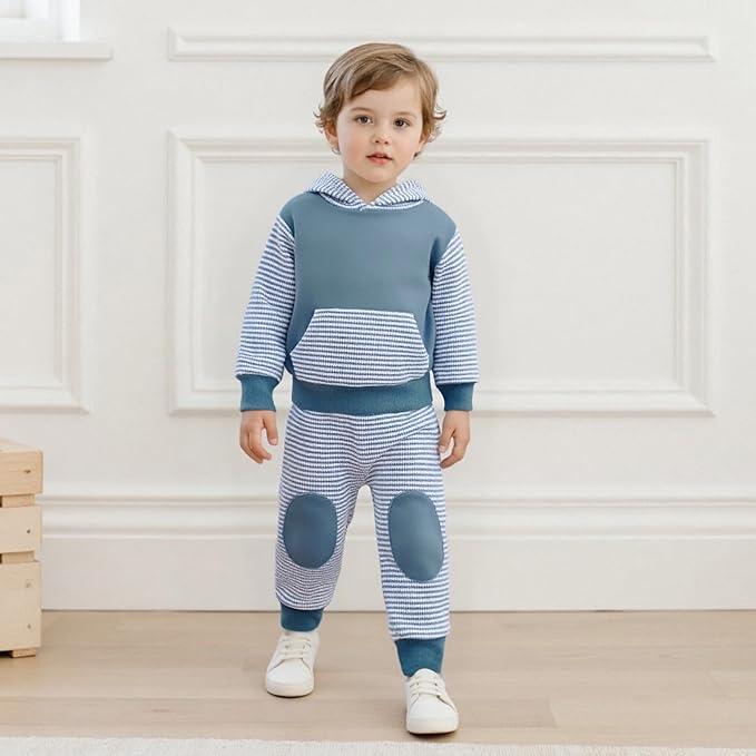 Toddler Baby Boy Hoodies Fall Clothes Waffle Contrast Color Sweatshirt Pant Set Infant Clothes 6 12 18 Months 2T 3T