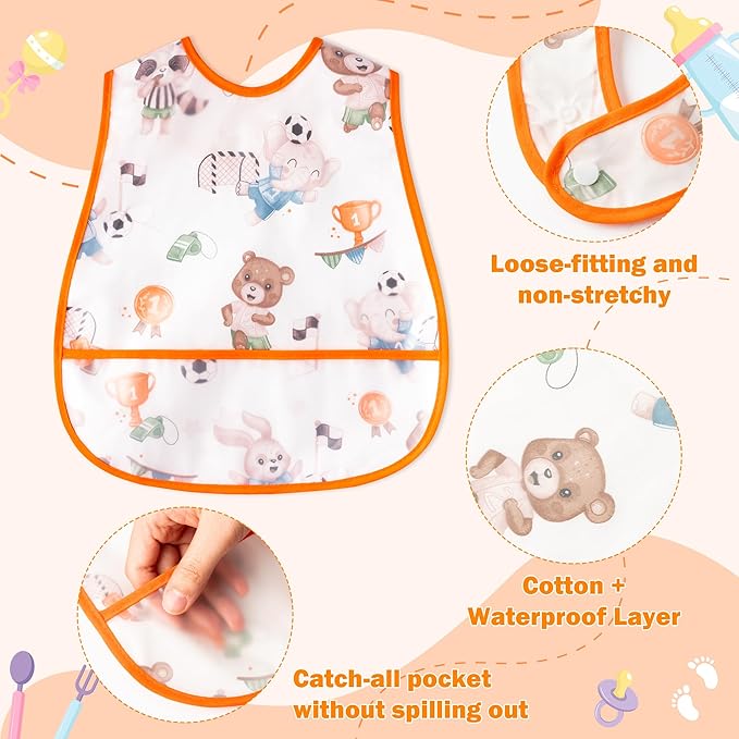 R HORSE 5Pcs Baby Bibs Set Toddler Bibs with Crumb Catcher Pocket & Snap Button Waterproof Baby Feeding Bibs for 6-24 Months