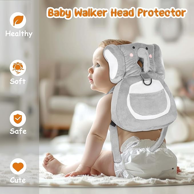 Baby Backpack Walker Protection, Toddler Head Protector Backpack Adjustable 270° Three-Sided Protection Breathable Design with Knee Pads & Safety Rope, 6-12 Month Baby(Elephant)
