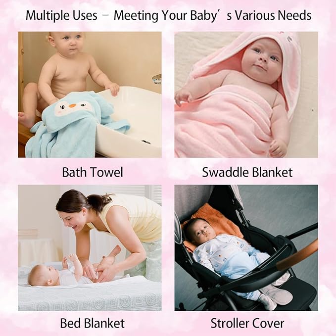 12 PCS Hooded Baby Towel Set, 32x32 Inch Absorbent Baby Bath Towels, 3 PCS Soft Hooded Towels & 9 PCS Washcloths, Ideal for Newborns, Toddlers, and Babies – Baby Bath Essentials (Pink + Brown + Blue)