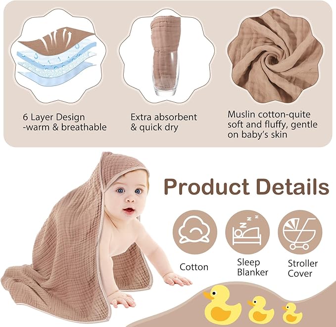 Peryiter 4 Pcs Muslin Hooded Baby Towels 32x32inch Cotton Newborn Bath Essentials Muslin Infant Blankets Absorbent Registry Baby Shower Present for Babies Girl Boy Kids (White,Coffee,Blue)