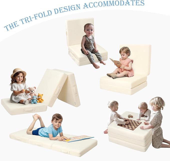 MeMoreCool Foldable Floor Cushion Kids Trifold Play Mat, Kids Folding Seat Pad Portable Lounger, 57x22 Inch Beige