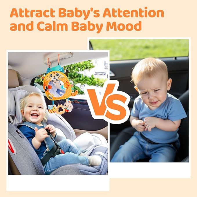 Jollybaby Car Seat Crib Stroller Play Gym Hanging Toy for Baby 0-3-6-12 Months, Tummy Time Mirror Toys Gifts for Newborn Infants, Carseat Travel Toy for Road Trip - Cat
