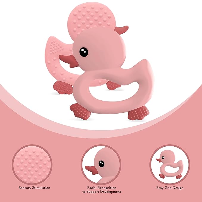 [BabyBite] Baby Teething Toys Cute Duck Teether for Sensory and Developmental Play for Baby and Toddler 100% BPA Free Food Grade Silicone (Pink)