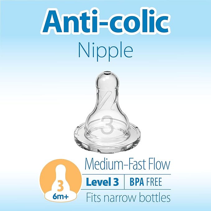 Dr. Brown's Natural Flow Level 3 Narrow Baby Bottle Nipple, Medium-Fast Flow, 6m+, 100% Silicone, 6 Count