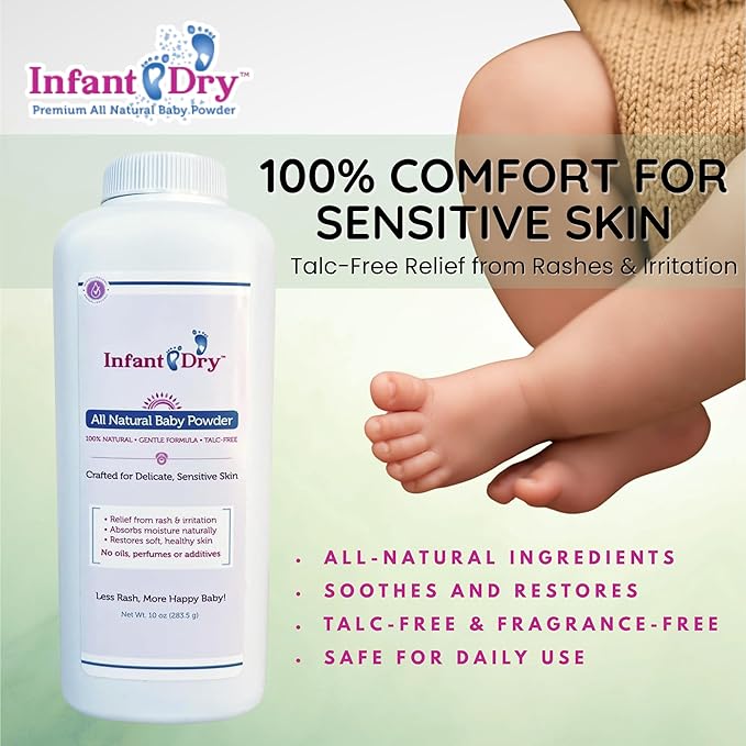 Infant Dry All Natural Baby Powder 10 Oz - Gentle Formula Talc Free, All Natural and Unscented Dusting Powder for Sensitive Baby Skin