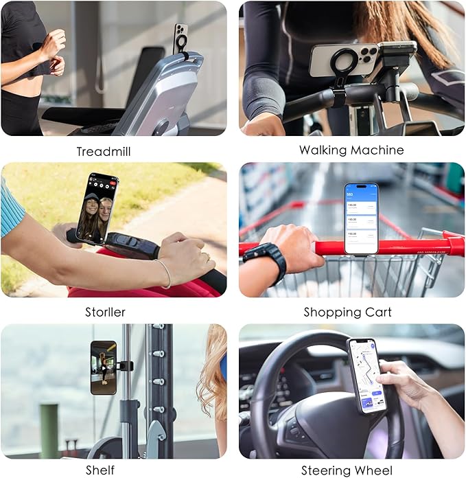 Magnetic Phone Holder for Stroller Bar, Compatible with MagSafe (Strong Magnet) - 180° Adjustable for Gym, Home Fitness Bikes, Shopping Cart, with Adjustable Strap, All Phone (Magnetic Ring Included)