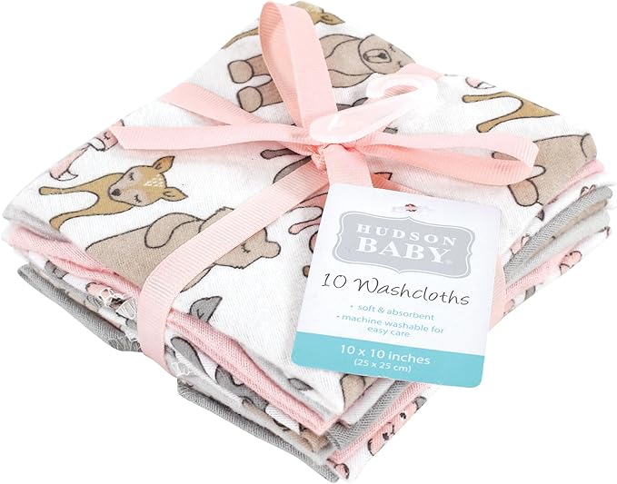 Hudson Baby Unisex Baby Flannel Cotton Washcloths 10-Pack, Wild Forest Pink, One Size