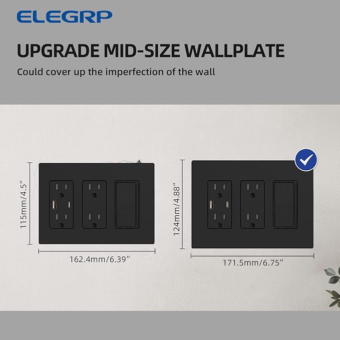 ELEGRP 3-Gang Screwless Decorative Wall Plates, Mid-Size Unbreakable Thermoplastic Faceplate Cover for Decorator Receptacle Outlet Switch, UL Listed (2 Pack, Matte Black)
