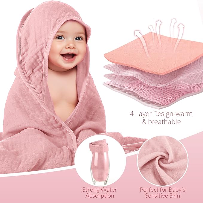 Preboun 4 Pcs Muslin Hooded Baby Towels,32"x 32" Cotton Newborn Bath Towel Muslin Infant Baby Blankets Absorbent Unisex Newborn Registry Gift for Girls Boys(Pink Series)