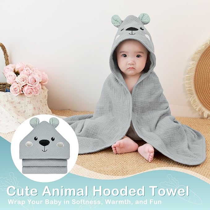 Unicorn Castle Hooded Baby Towels 2Pack 100% Muslin Baby Bath Towels for Newborn Animal Design Ultra-Soft Baby Girl Boy Bath Essentials 30 X 30 Inch,Gray Bear - Beige