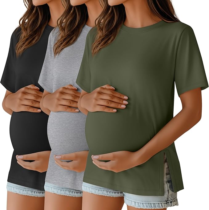 Ficerd 3 Pack Women's Maternity T Shirts, Short Sleeve Side Split Pregnancy Tops Casual Crew Neck Pregnant Tees Mama Clothes