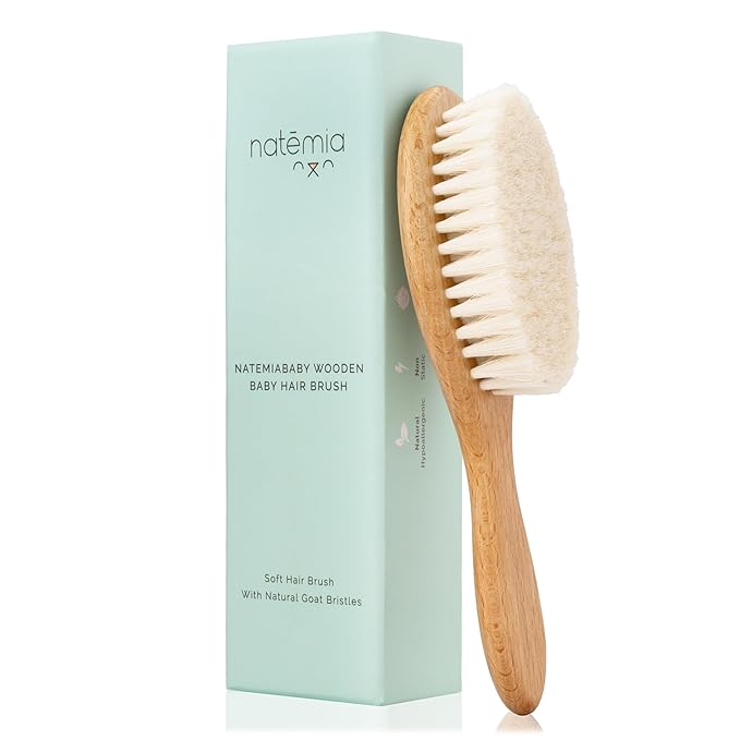 Natemia Wooden Baby Hair Brush - Natural Goat Hair Bristles - Gentle Soft Bristles for Scalp Massage - Cradle Cap Comb for Flake Removal - For Baby Grooming Kit & Toddler Hair Brush