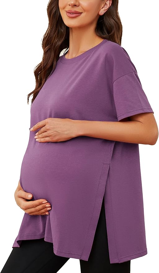Ecavus Women's Casual Maternity Shirts Split Side Pregnancy Tops Blouses Short Sleeve Loose Fit Maternity Clothes