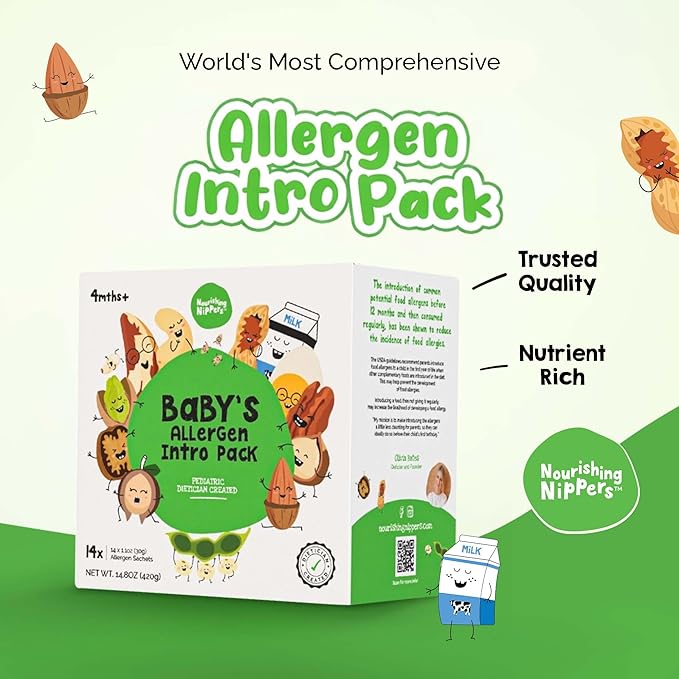 Nourishing Nippers Early Allergen Introduction - for Babies 4+ Months,14 Allergens in one pack, Including Peanut, Egg & Milk | Mix with Baby Food & Purees. 6 Month Supply