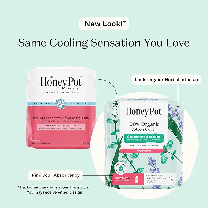 The Honey Pot Company - 48ct - Herbal Postpartum Pads w/Wings - Infused w/Essential Oils for Cooling Effect, Organic Cotton Cover, & Ultra-Absorbent - Feminine Care