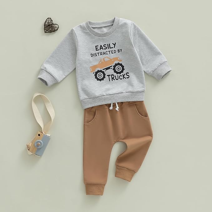 Toddler Baby Boy Fall Clothes 1T 2T 3T 4T 5T Winter Outfits Long Sleeve Trucks Sweatshirt Tops Jogger Pants Set