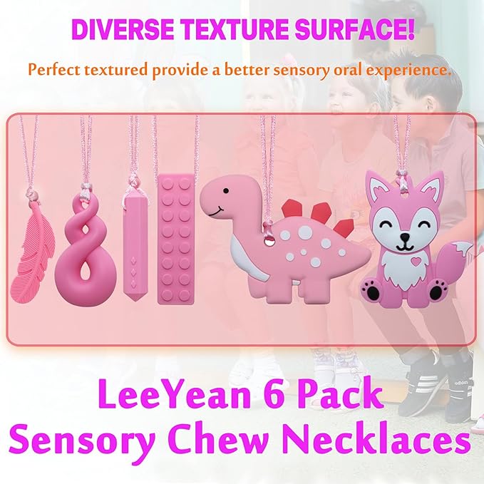 Chew Necklaces for Sensory Kids, 6 Pack Fox and Dinosaur Silicone Chewy Necklace for Boys and Girls with Autism, ADHD, SPD, Sensory Chewing Toys for Autistic Children Reduce Anxiety Fidgeting