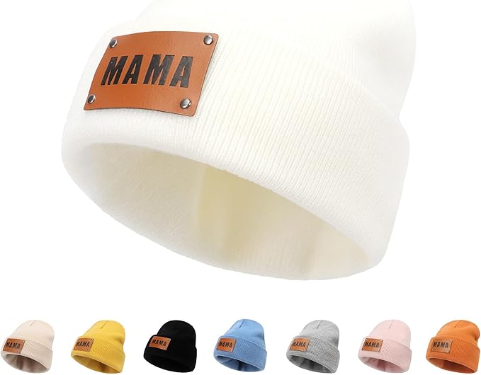 Personalized Name Baby Beanie Hat Leather Patch - Apricot Beanies Knit Hat Birthday Gifts for Kids Toddler to Adults