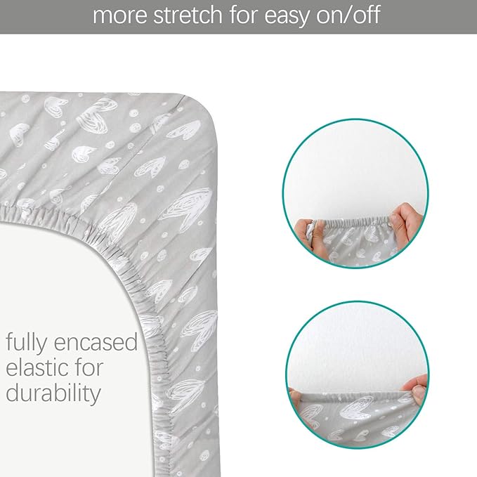 Bassinet Sheets Compatible with BIERUM Baby Bassinet Bedside Sleeper and Mika Micky Bedside Sleeper, (2 Pack), 100% Jersey Knit Cotton Fitted Sheets, Grey Hearts and White Stars Print for Baby