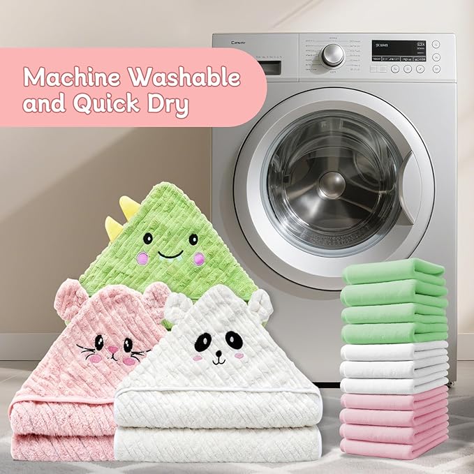 14 PCS Thicken Baby Towels Set, 3 PCS Soft Hooded Baby Towels & 11 PCS Washcloths, Baby Bath Towels for Newborns, Infants & Toddlers, Ultra Absorbent, Cute Baby Towel Gift for Girls