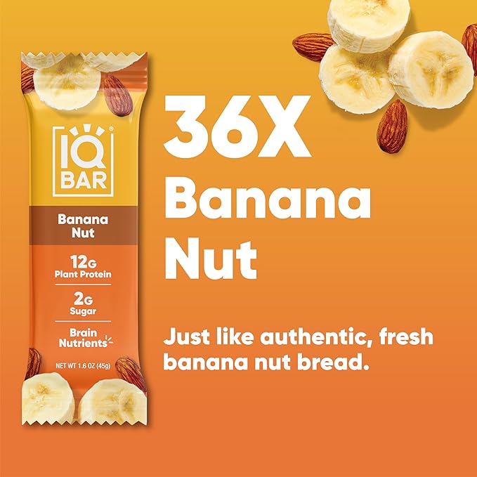 IQBAR Brain and Body Clean Plant Protein Bars - Banana Nut - 36 Bars - Keto, Vegan, High Fiber, Gluten and Dairy Free, Low Sugar Snack with Nutrients for Focus, Energy, Meal Replacement
