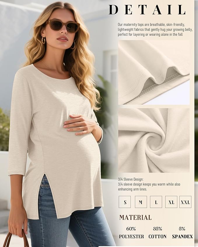 3 Pack Women's 3/4 Sleeve Maternity Shirts Elbow Length Clothes Round Neck Tunics Pregnancy Loose Side Split Tops